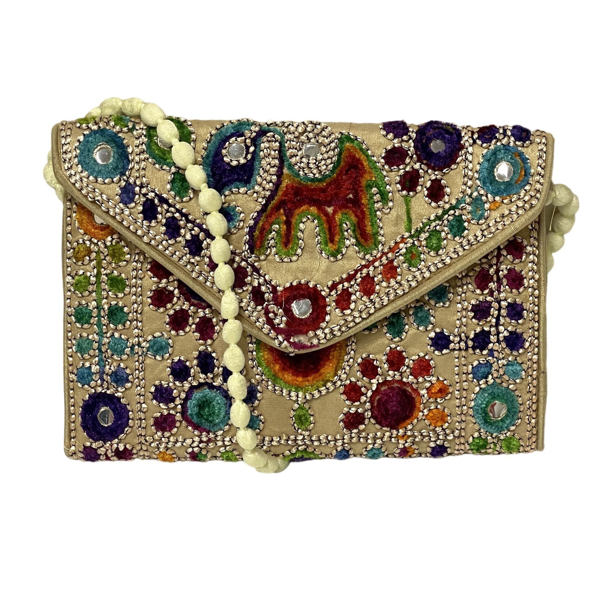 Vtg Bohemian Silk Carpet Handbag Gold RAINBOW Boho Purse