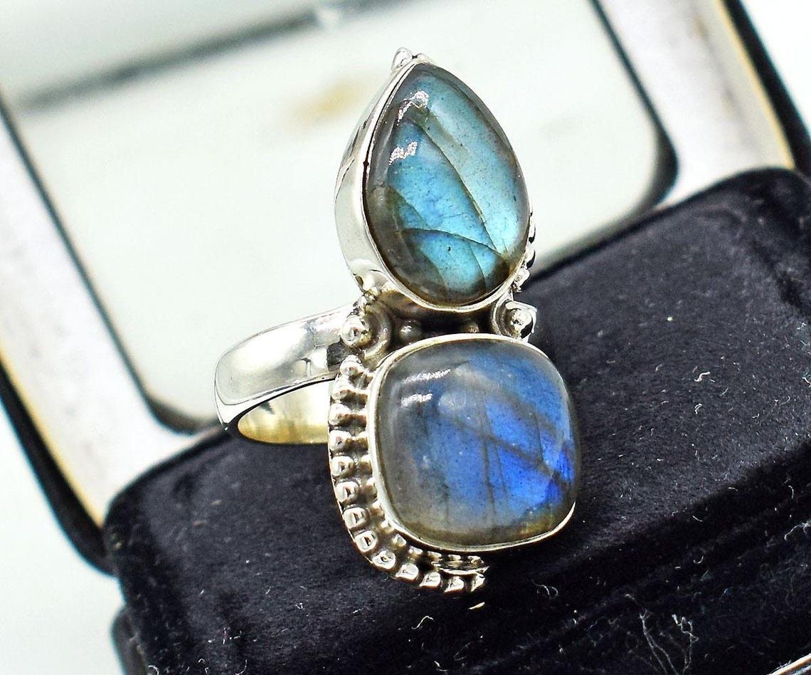Handmade Blue Fire Labradorite Ring: 925K Silver Boho Bridal Jewelry Size ONE SIZE - 3 Thumbnail