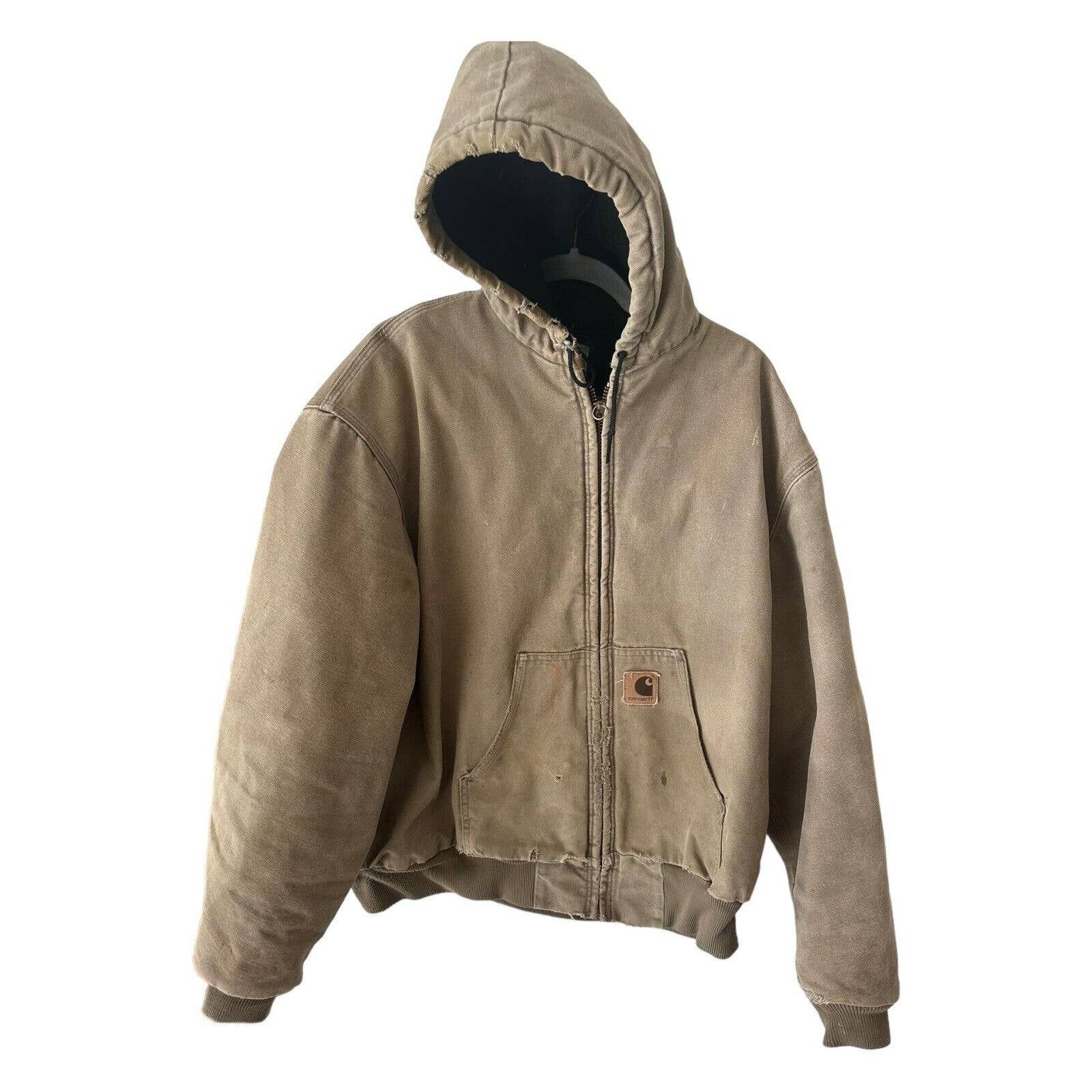 image of VTG 90's Carhartt J68 Hooded Full Zip Canvas Jacket Coat in Brown, Men's (Size 2XL)