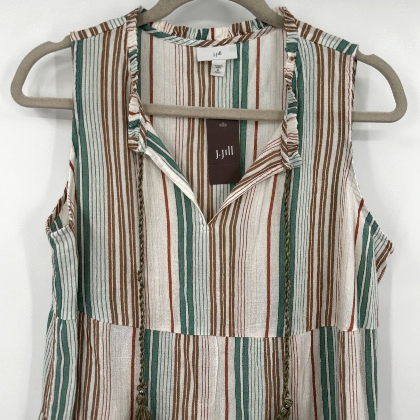 J. Jill J. Jill Tunic Top Sleevless Striped Tiered Petite Cream Multicolor Breezy Relaxed V-Neck Tassel Ruffle Summer Beach Casual Womens Size M / US 6-8 / IT 42-44 - 2 Thumbnail