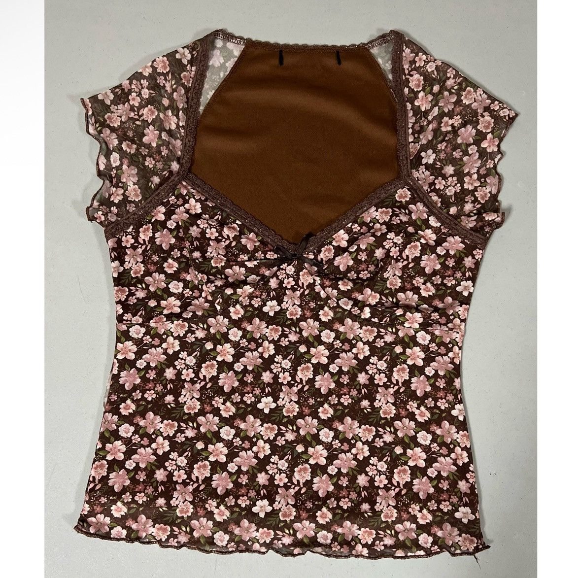 Vintage Brown Pink Floral Lace Bow Tee T-Shirt Top Blouse Size M 🌸✨ Size M / US 6-8 / IT 42-44 - 2 Thumbnail