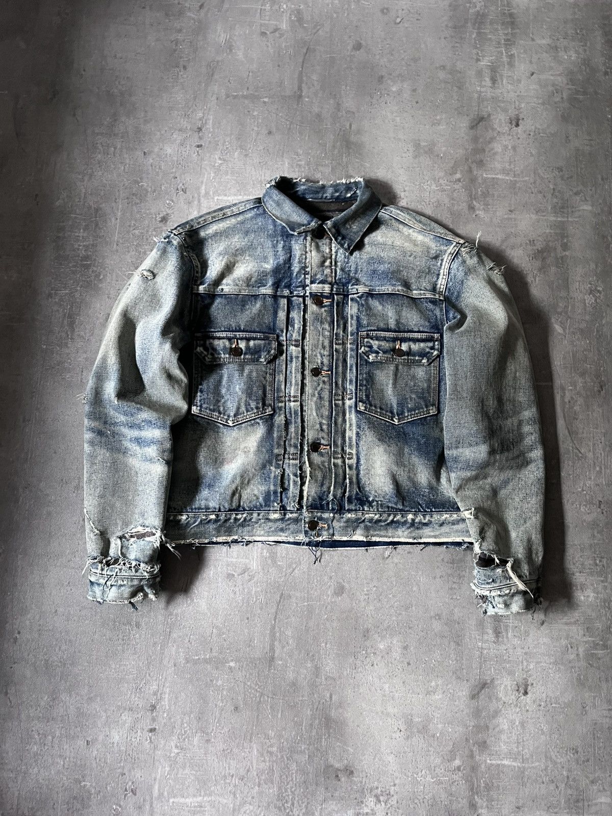 Saint Laurent S/S 21 destroyed denim jacket distressed
