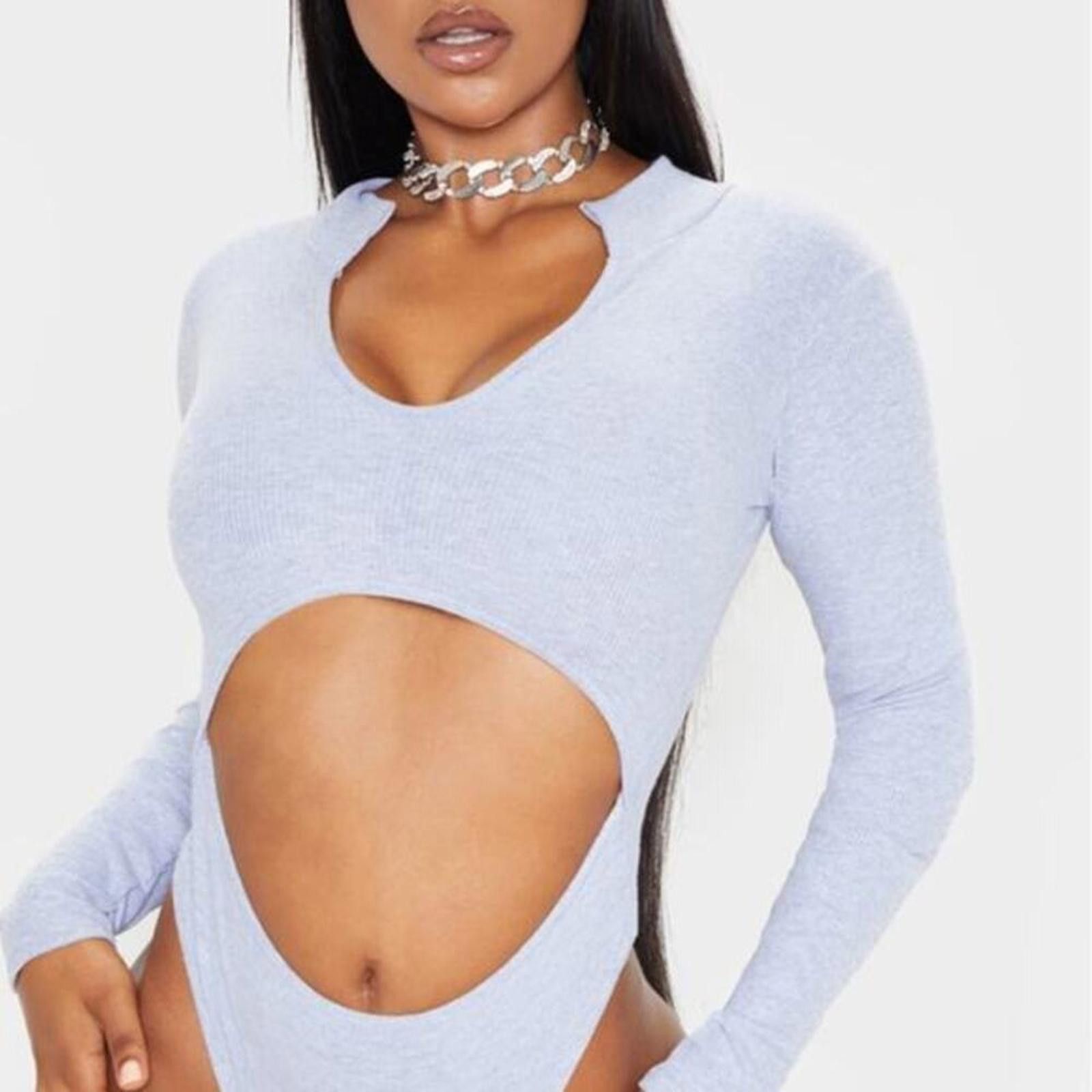 Other PRETTYLITTLETHING Grey Marl Ribbed Cut Out Bodysuit Size S / US 4 / IT 40 - 1 Thumbnail