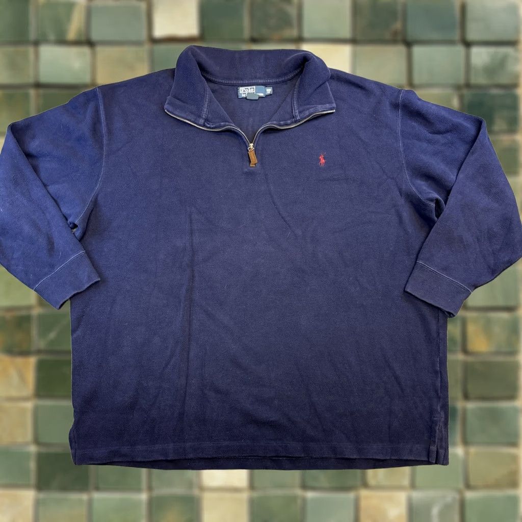 Ralph Lauren VINTAGE Polo Ralph Lauren Sweater Men 3XB Navy Blue Quarter Zip 1/4 Pullover Mock Neck Knit Pullover Embroidered Classic Big & Tall Mens Size US XXL / EU 58 / 5 - 1 Thumbnail