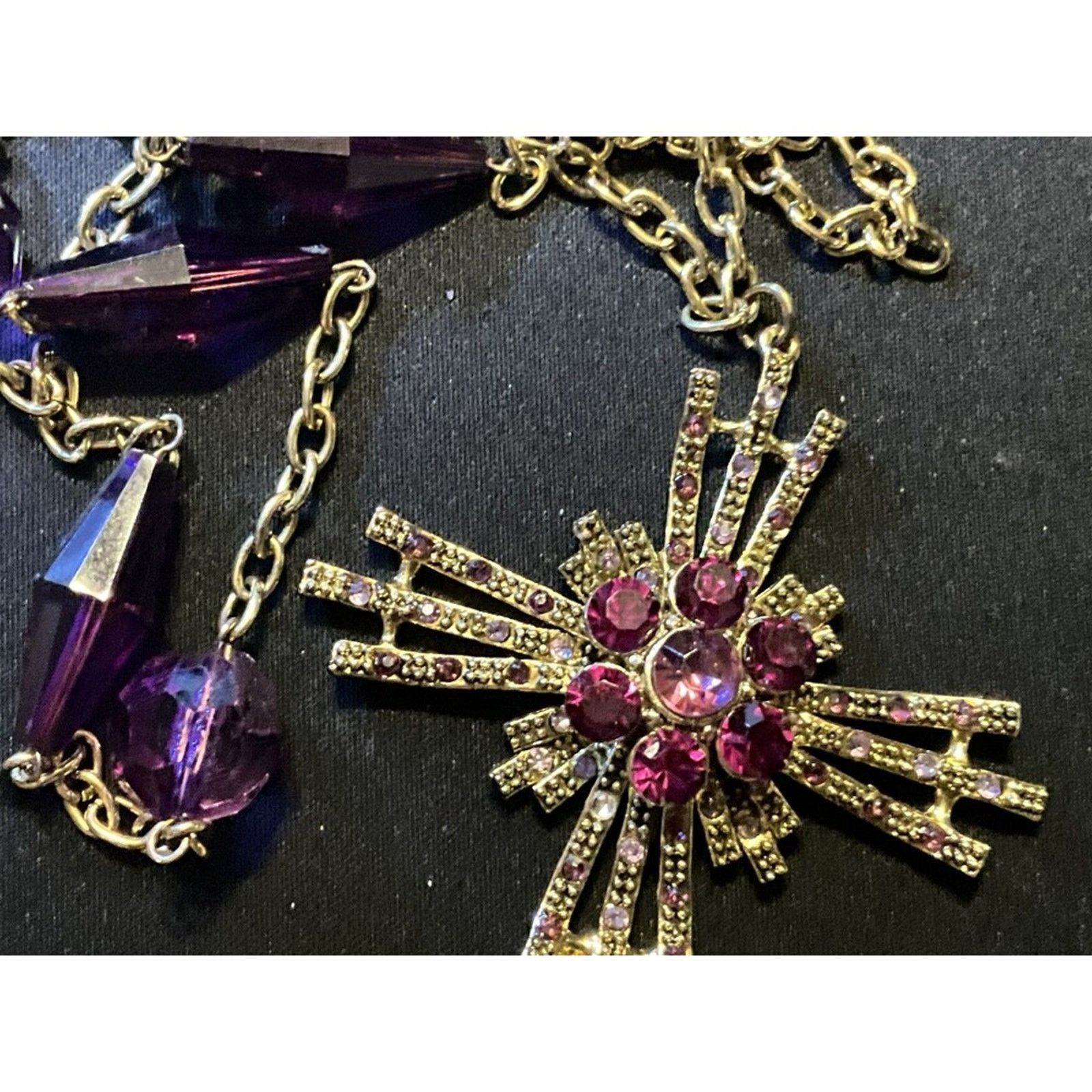 Other Dbl Layered Gold Tone Necklace Cross & Purple Lucite Beads Size ONE SIZE - 3 Thumbnail
