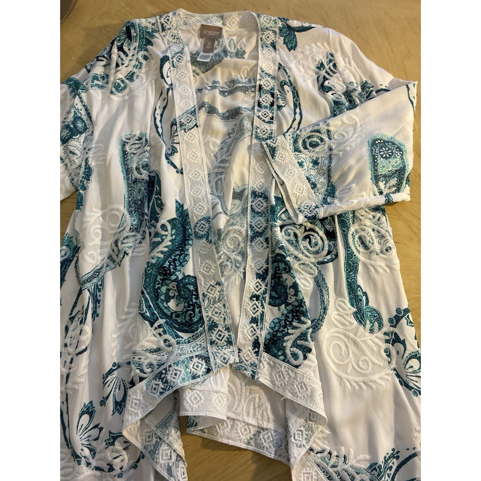 Chicos Chico's Paisley Embroidered teal Cardigan Kimono Duster L Size L / US 10 / IT 46 - 12 Thumbnail