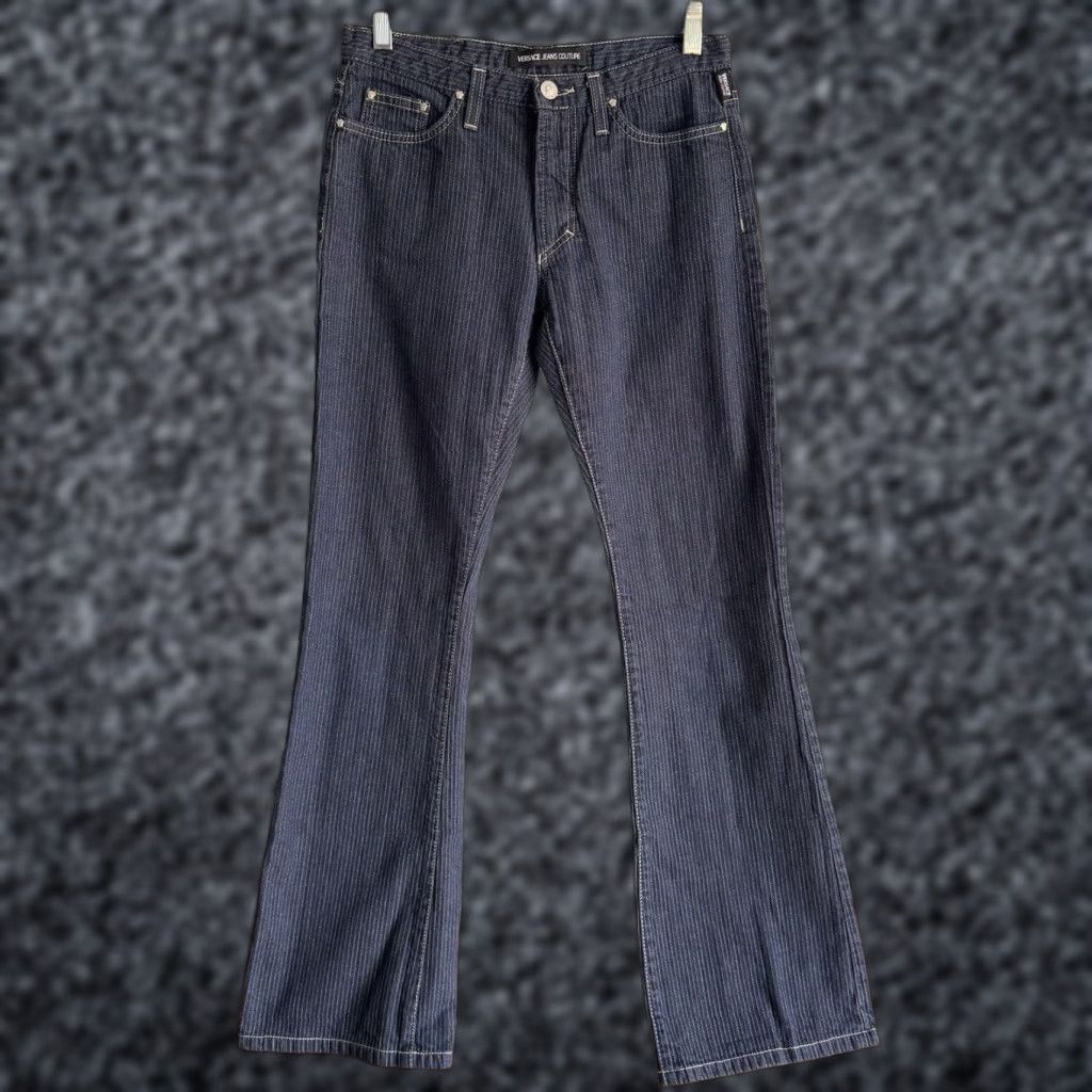 Versace VINTAGE Versace Jeans Couture 90s Navy Blue Striped Jeans Flare Size 27 Women Size 27" / US 4 / IT 40 - 1 Thumbnail