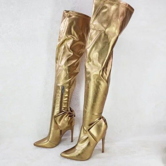 Other Bowie Stretch OTK Thigh Boots Copper Gold High Heel Stiletto Size US 8.5 / IT 38.5 - 6 Thumbnail