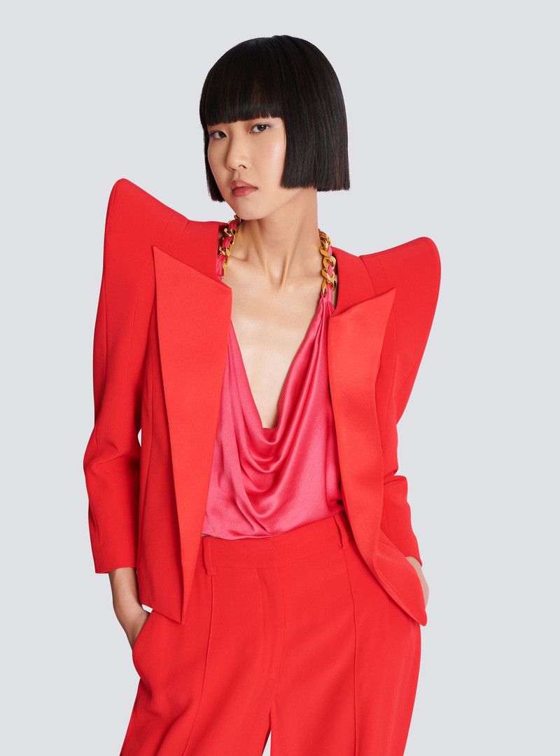 Balmain o1s1wg110526 Cropped Crepe Jacket in Red Size XL / US 12-14 / IT 48-50 - 2 Thumbnail
