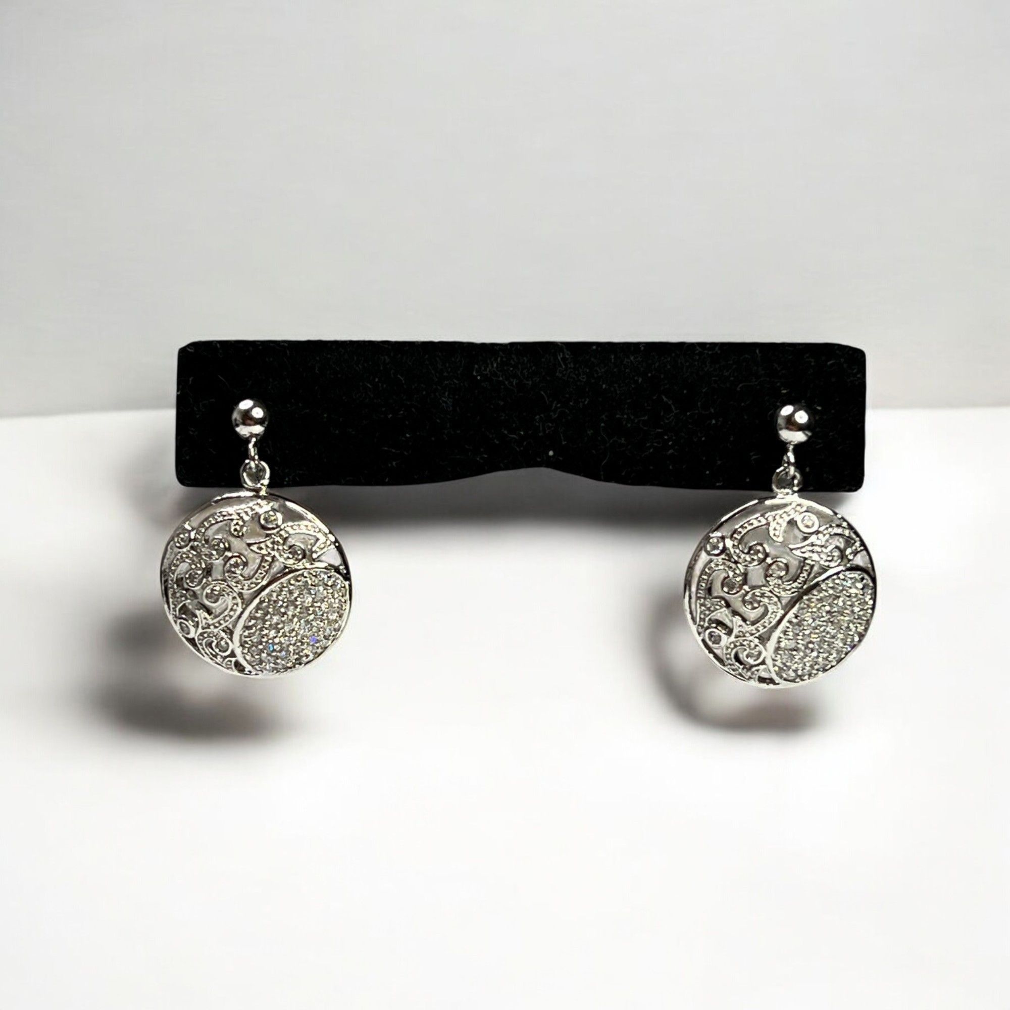 Designer Silver-Tone Filigree Oval Disc Drop Earrings With Sparkling Size ONE SIZE - 1 Thumbnail