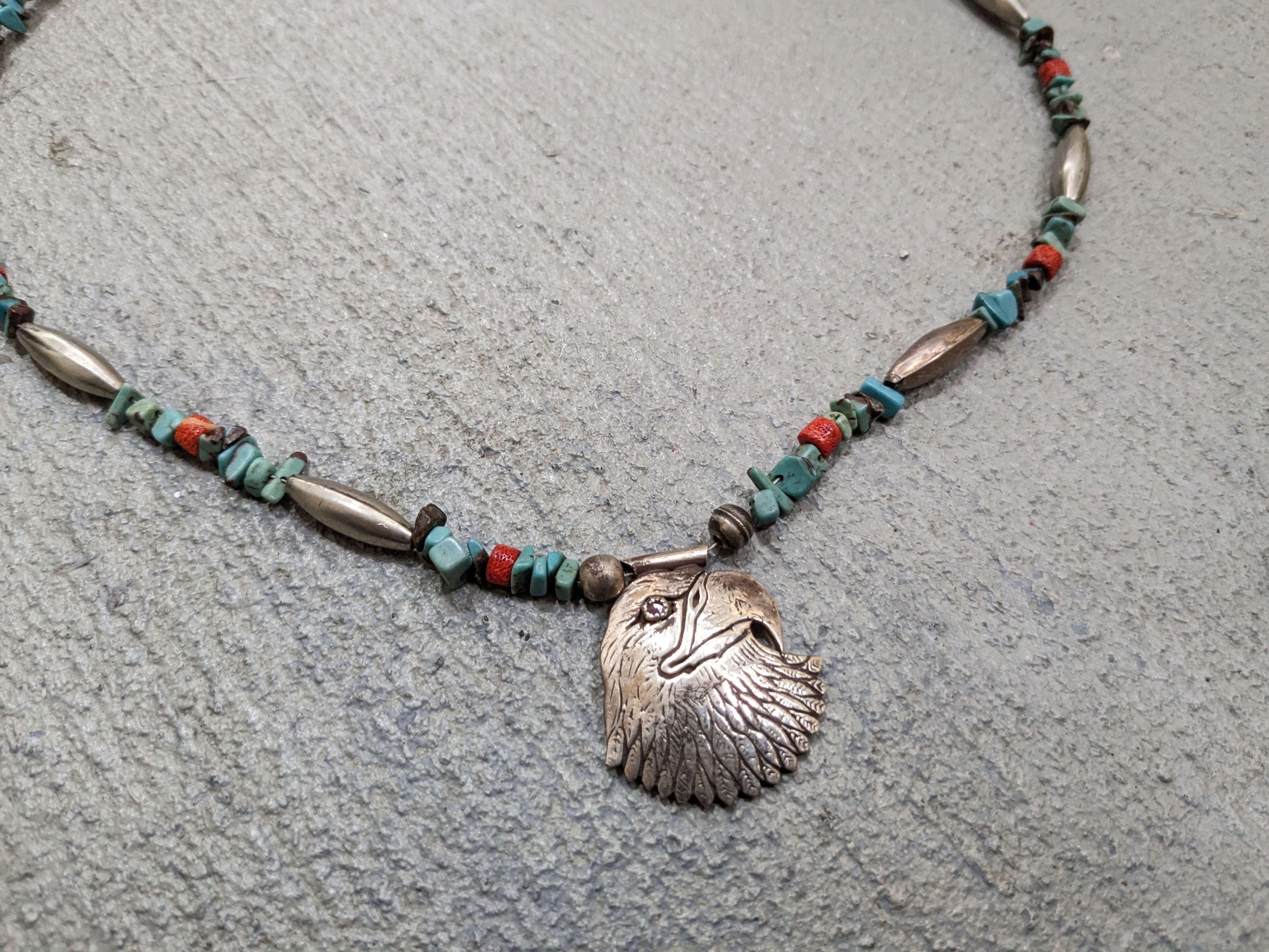 Jewelry Sterling Silver Necklace Turquoise Eagle Native Coral Size ONE SIZE - 2 Thumbnail