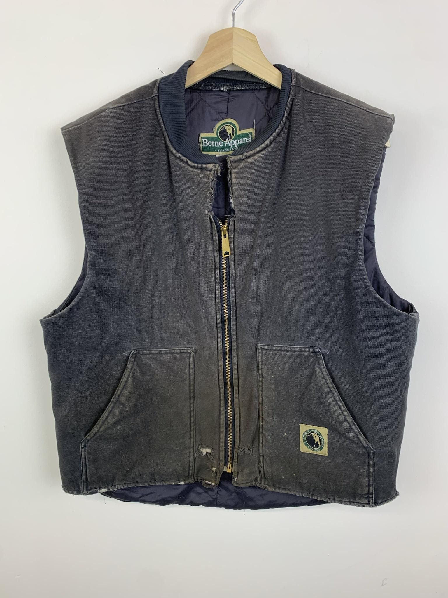 image of Carhartt x Vintage Vitnage Distressed Berne Canvas Padded Vest in Navy, Men's (Size Large)