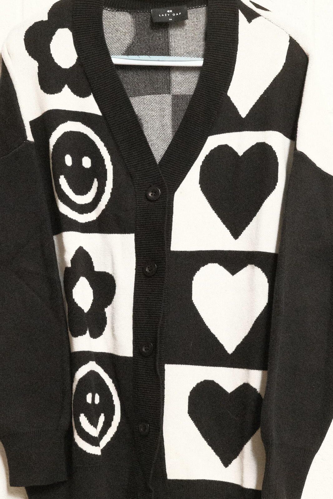 Lazy Oaf Black White Heart Smiley Graphic Button Cardigan, Women's — image 3 of 6