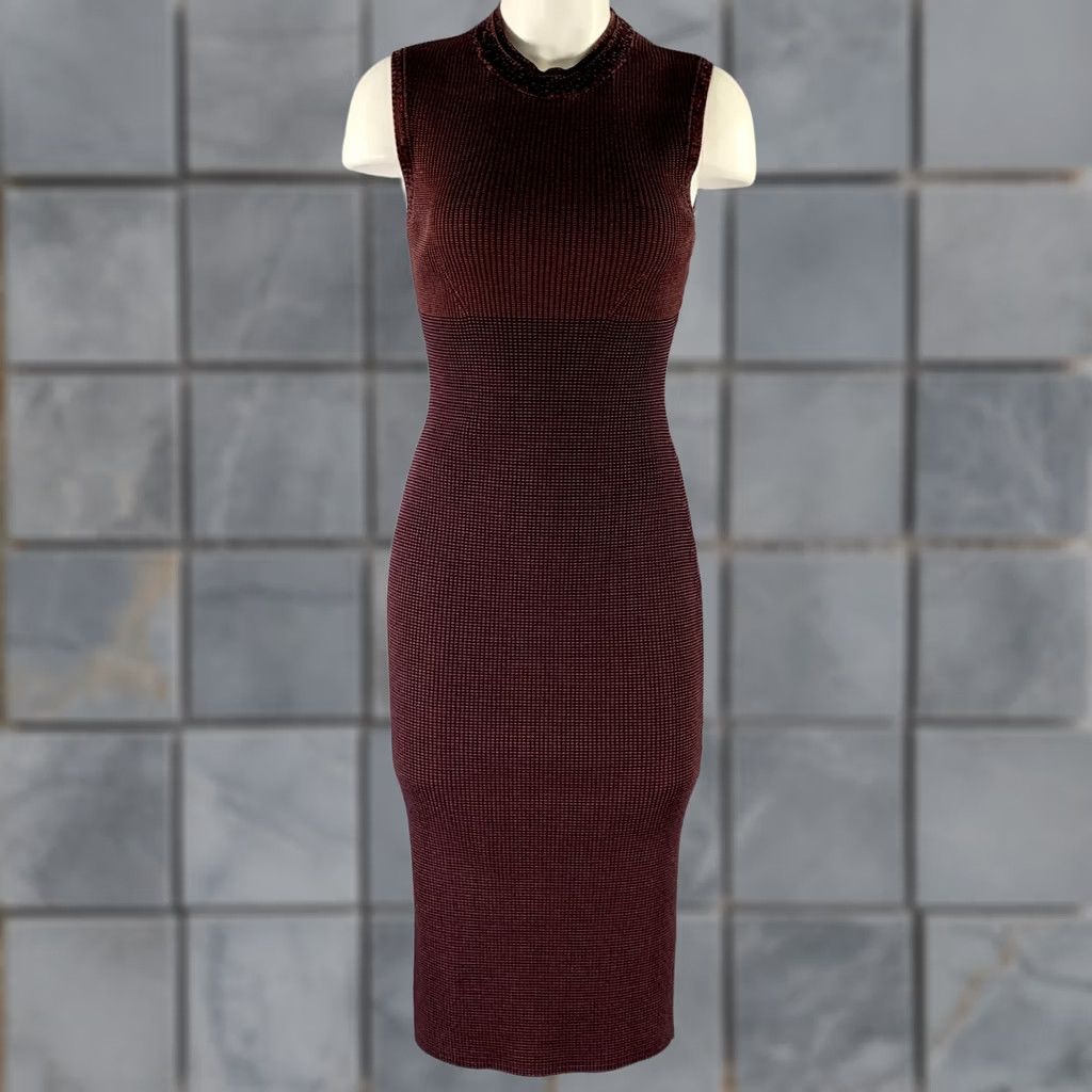 Victoria Beckham VICTORIA BECKHAM Dress Size S Burgundy Navy Viscose Linen BodyCon Mid-Calf Womens Size S / US 4 / IT 40 - 1 Thumbnail