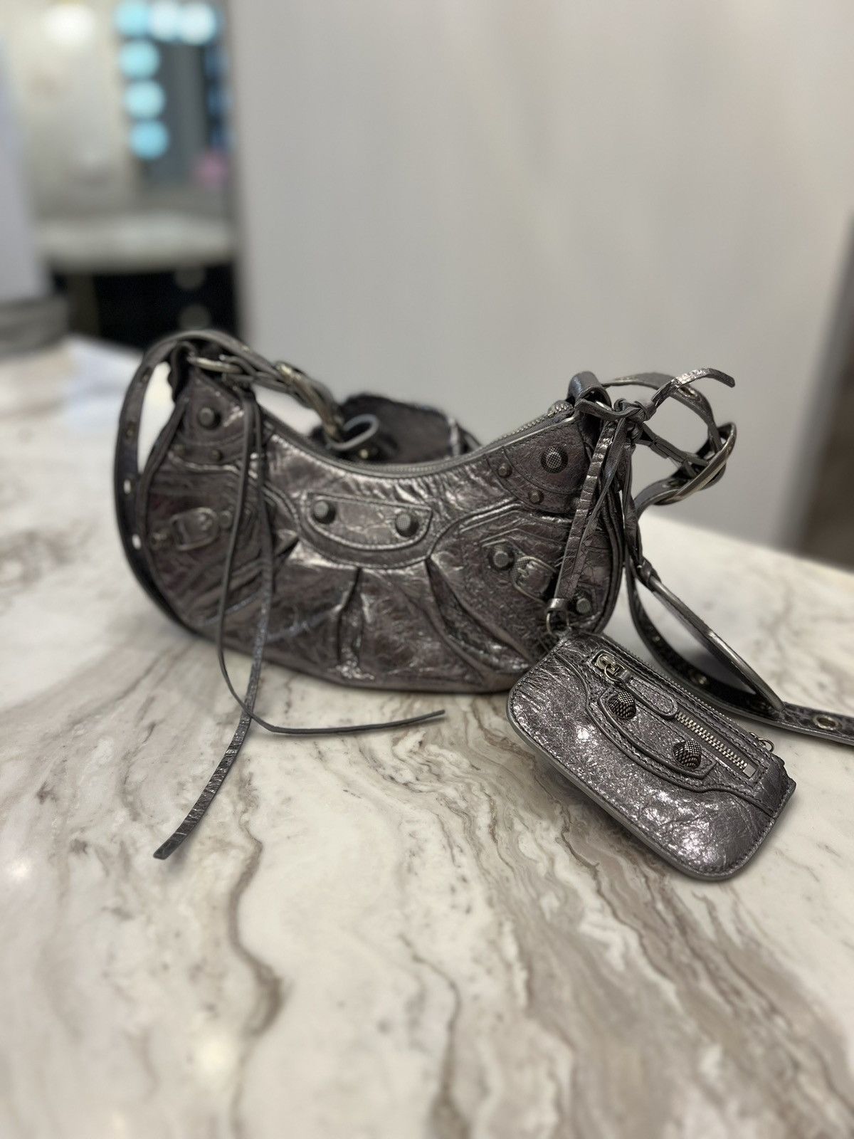 Balenciaga Balenciaga XS Le Cagole In Gunmetal/Silver Metallic Leather Size ONE SIZE - 7 Thumbnail