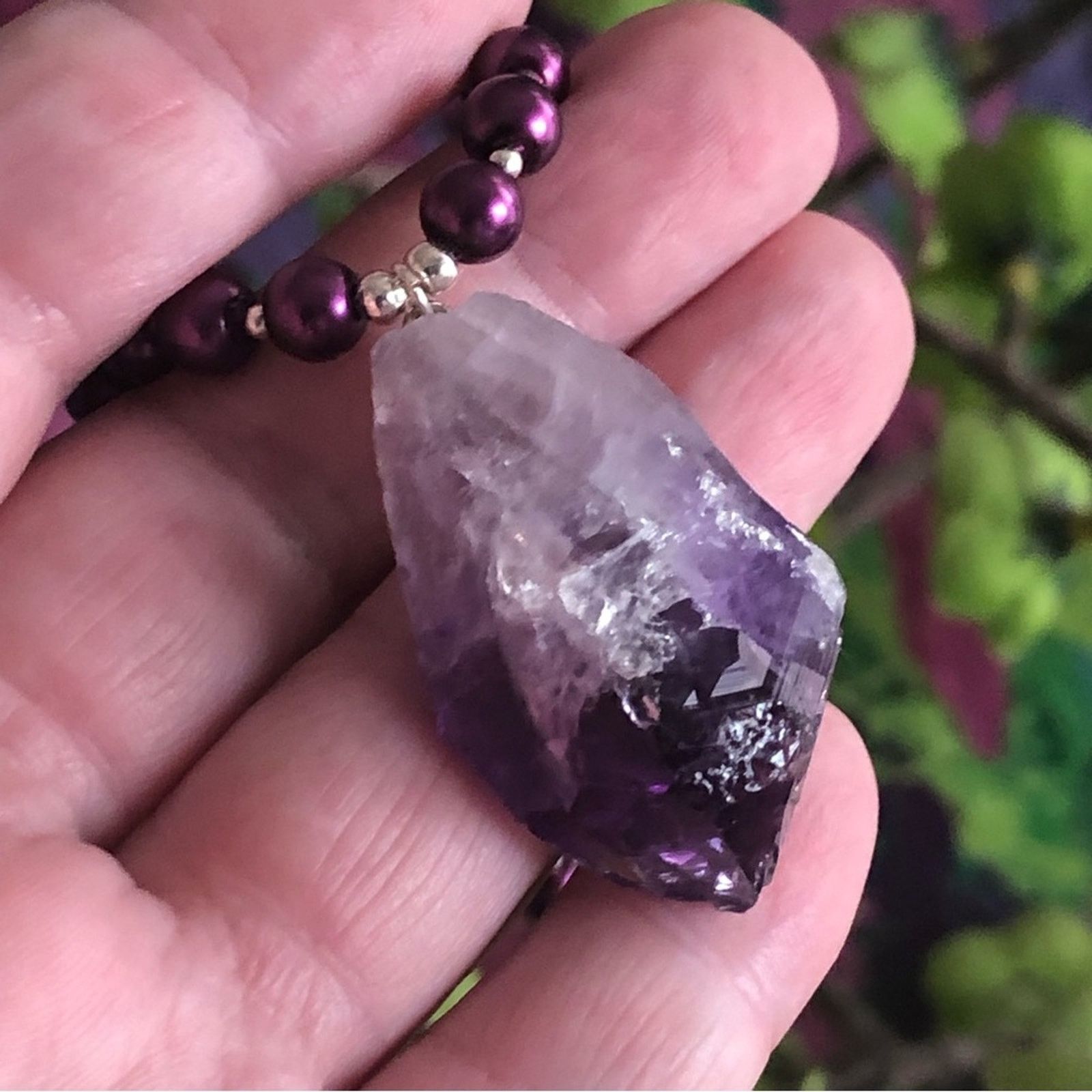 Handmade Handcrafted repurpose genuine amethyst slab Pearl necklace Size ONE SIZE - 2 Thumbnail