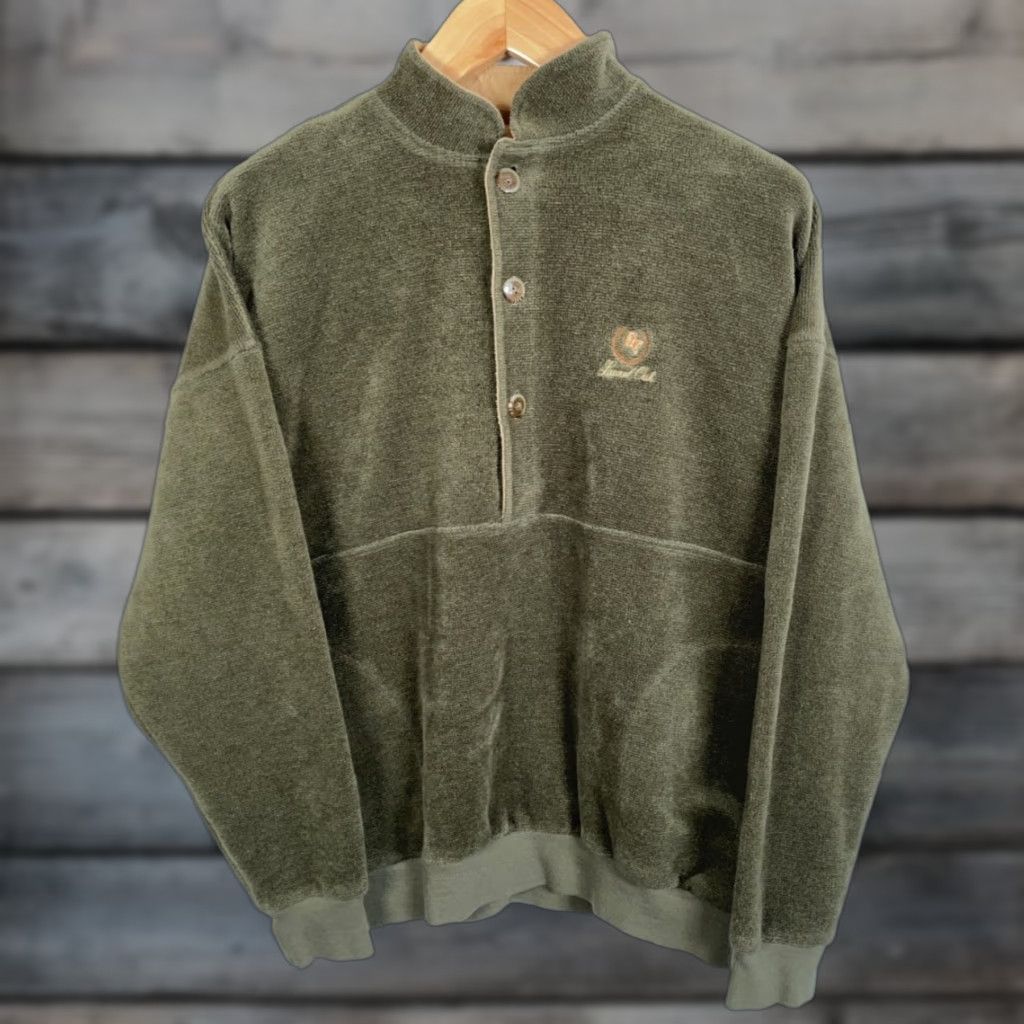 Olive VINTAGE Straight Down Fleece Henley Pullover Shirt Mens Large Olive Green USA Made 80s Retro Golf Pockets Front Embroidery Size US L / EU 52-54 / 3 - 1 Thumbnail