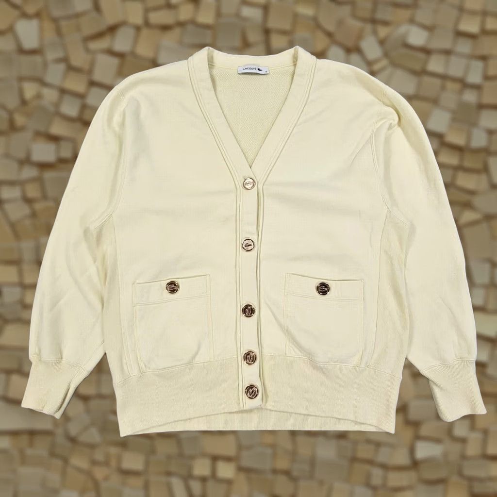Lacoste Lacoste Cardigan Womens Yellow Button Front V-Neck Cotton Jumper 10 UK IT 38 Womens, Regular, Pockets Size L / US 10 / IT 46 - 1 Thumbnail