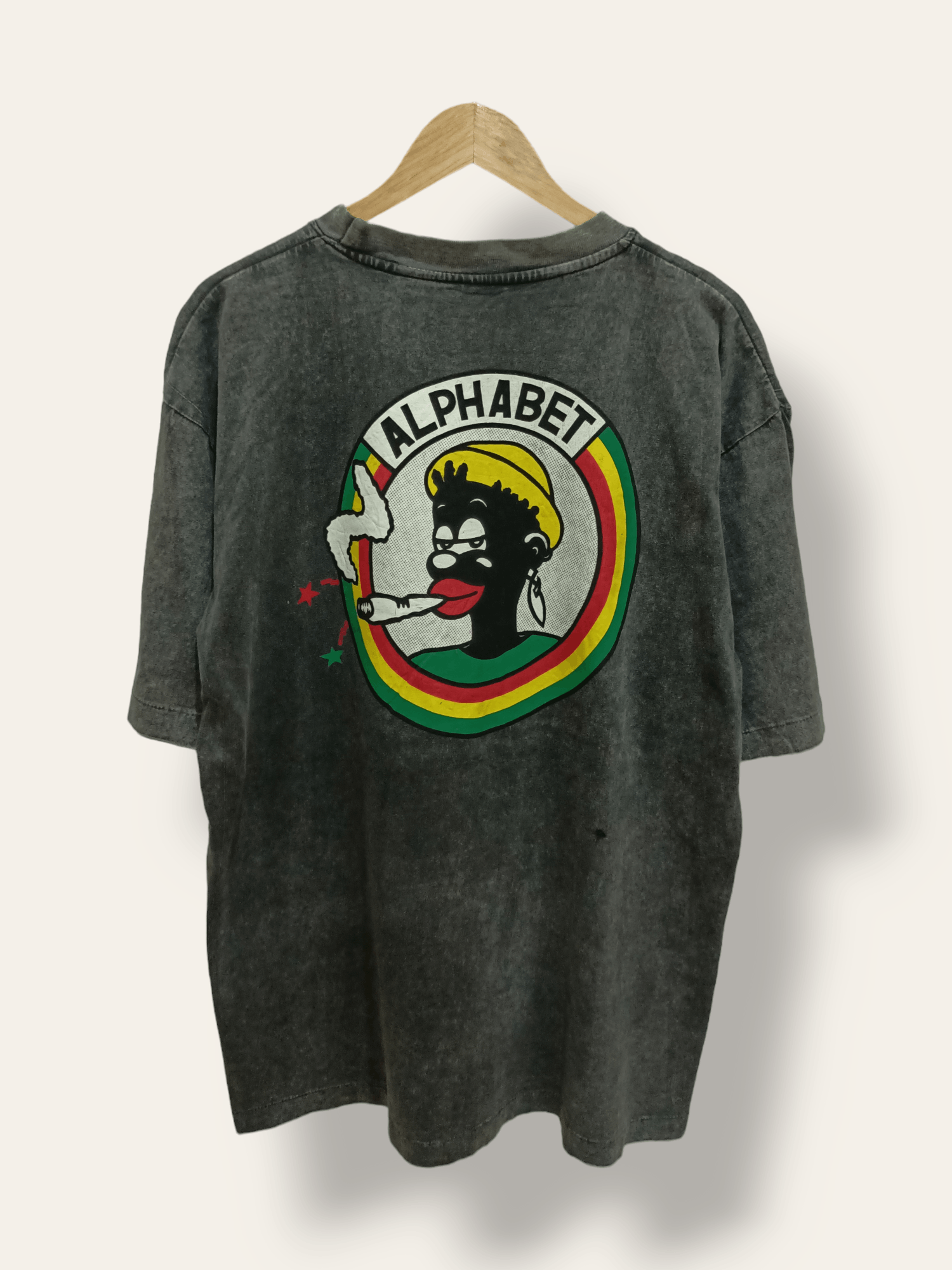 image of Vintage 90's Alphabet Reggae Rasta Back Hit Printed Tee in Charcoal Black, Men's (Size XL)