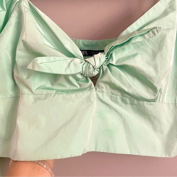 Zara Zara Mint Green Puff Sleeve One Shoulder Crop Top Size S / US 4 / IT 40 - 3 Thumbnail