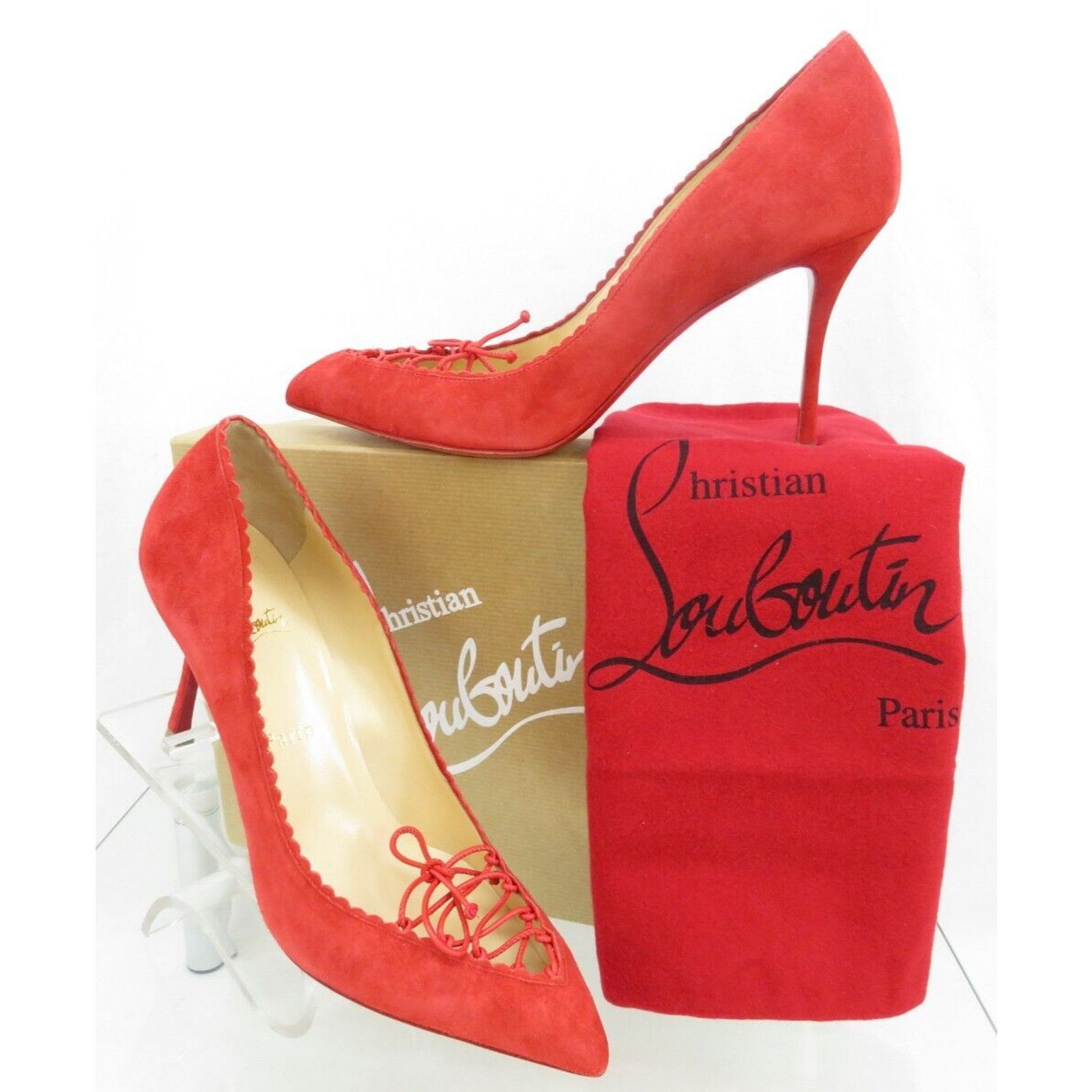 Christian Louboutin SCALOPUMP 85 RED SUEDE LEATHER LACE TIE POINTED TOE PUMPS 40 Size US 10 / IT 40 - 4 Thumbnail