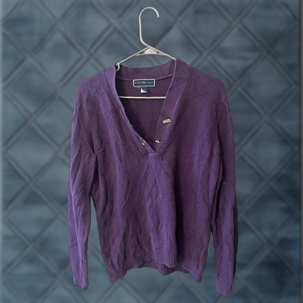 Vintage Karen Scott Womens Sweater Pullover Henley Textured Hardware Buckles Purple Size Medium Size M / US 6-8 / IT 42-44 - 1 Thumbnail