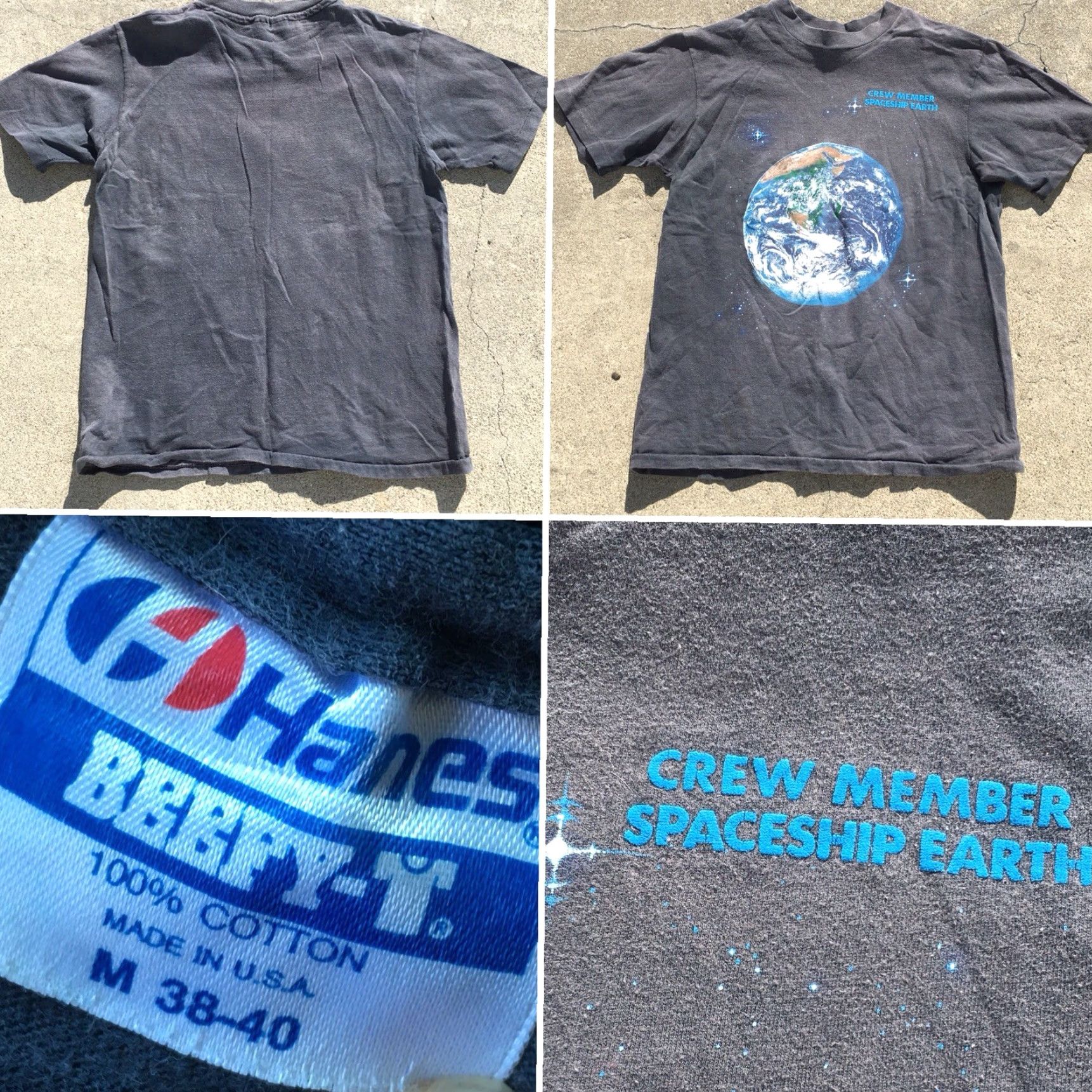 Hanes VINTAGE Hanes Graphic Tee Crew Member Spaceship Earth T-Shirt Made In USA M 38-40 Gray Mens Short Sleeve 100% Cotton Athletic Beachwear Shirt Size US M / EU 48-50 / 2 - 6 Thumbnail