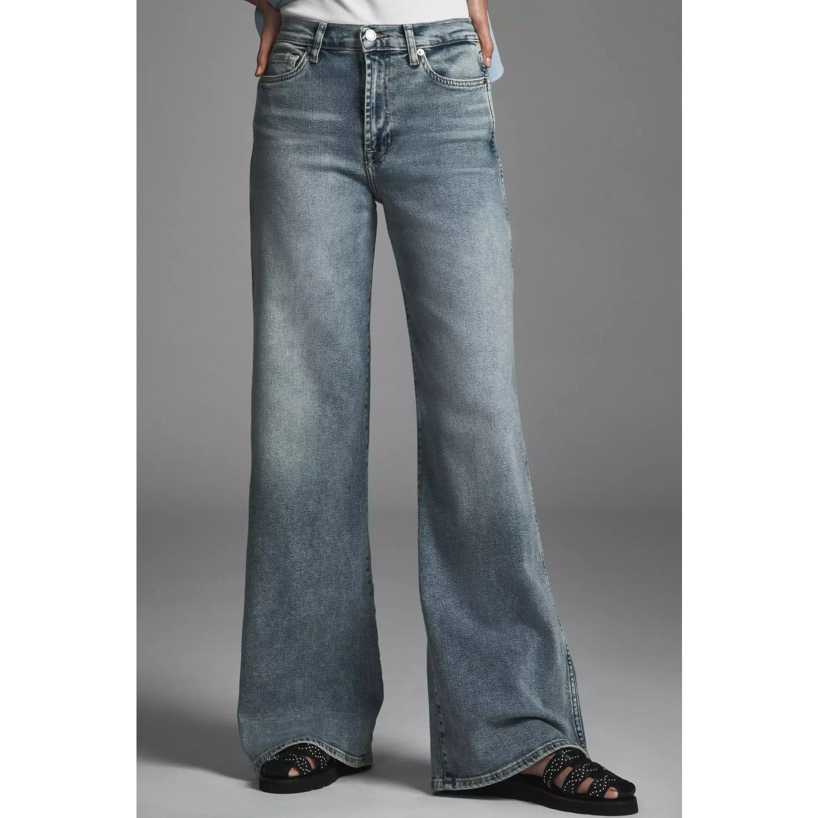 7 For All Mankind × Anthropologie New Lotta Mid-Rise Wide-Leg Denim Jeans Sz 29 Size 29" - 4 Thumbnail
