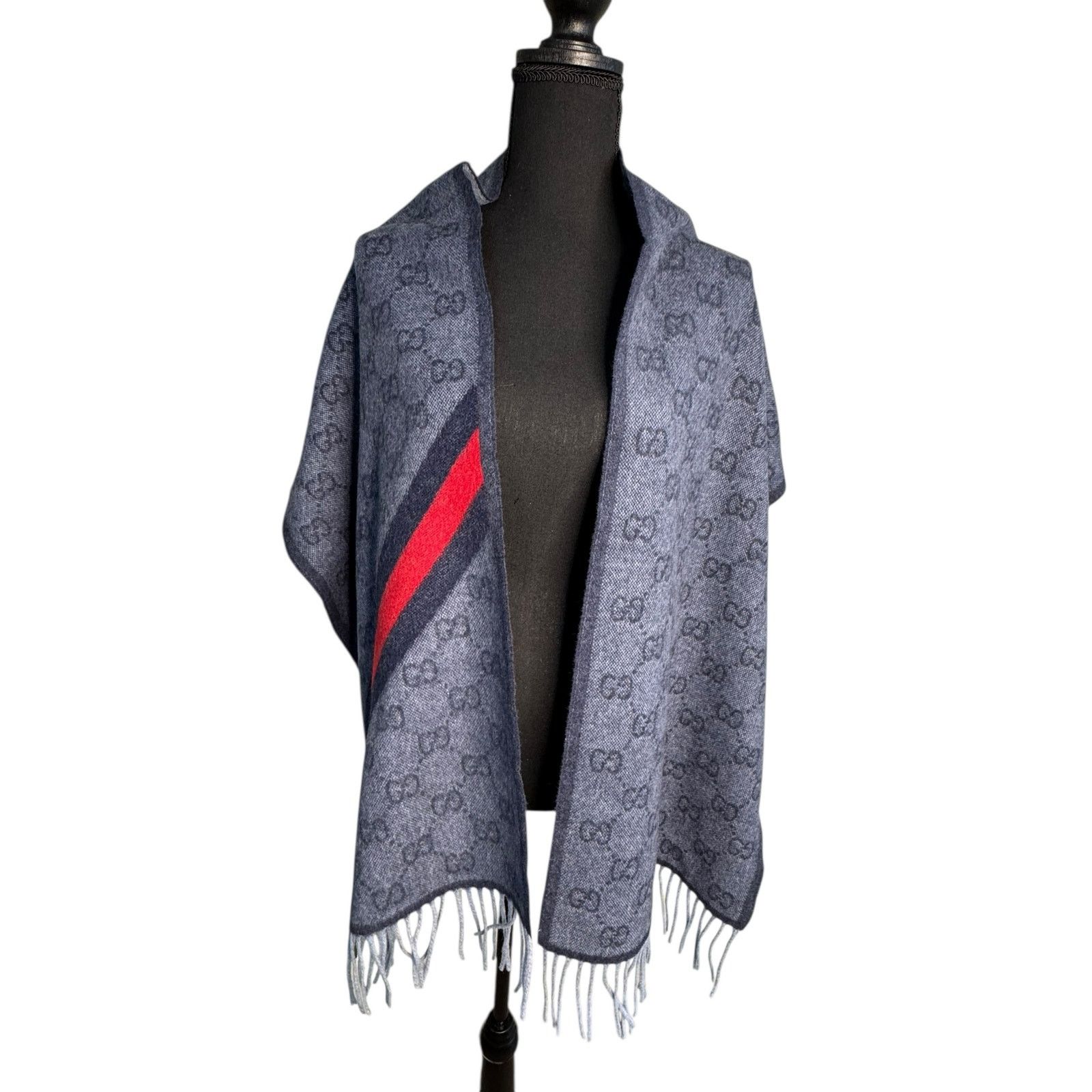 Gucci Gucci Nikky Wool GG Monogram Web Stripe Scarf Midnight Blue Size ONE SIZE - 2 Thumbnail