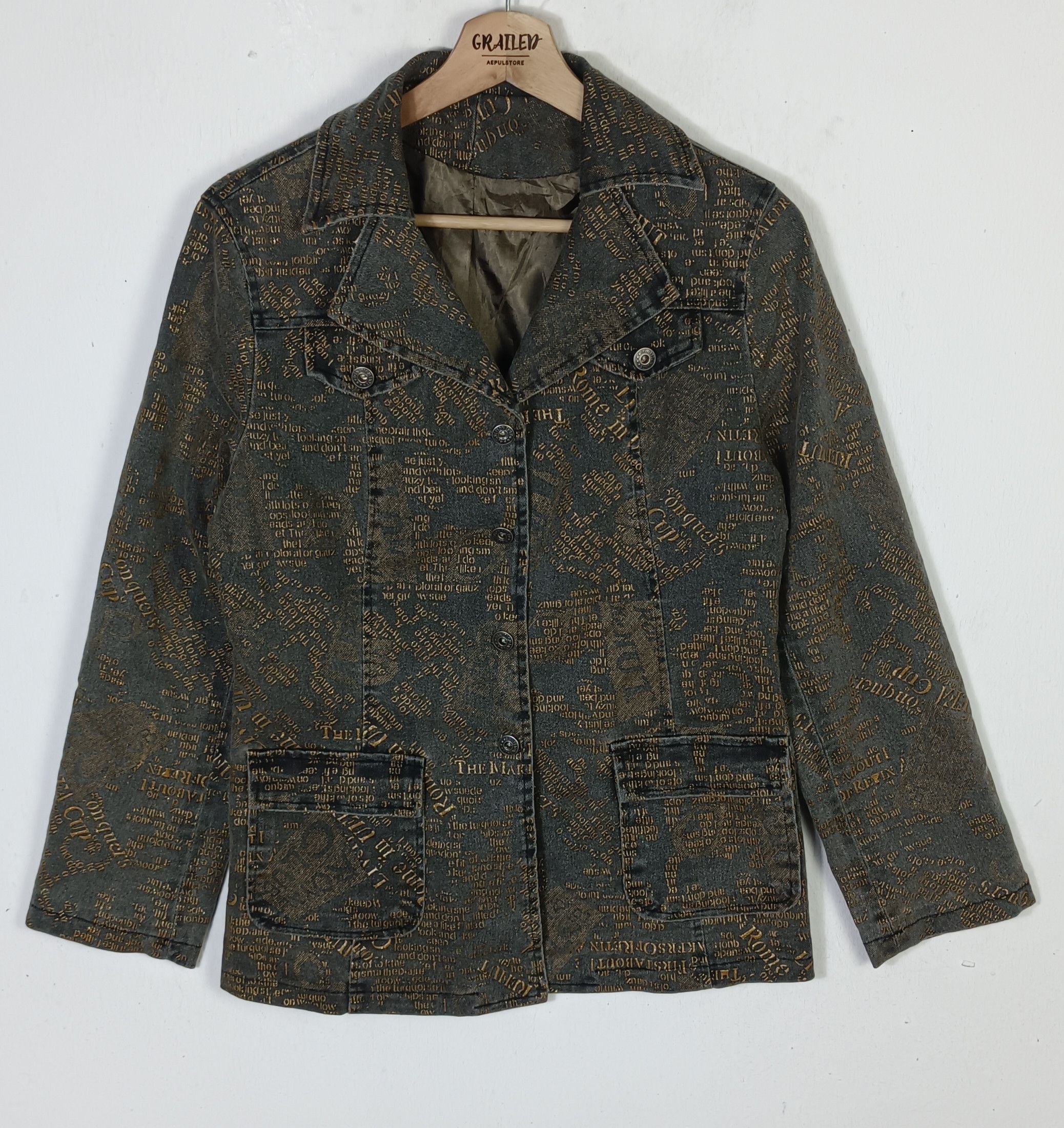 If Six Was Nine Vintage Ignition Various Word Double Breast Denim Jacket Size S / US 4 / IT 40 - 1 Thumbnail