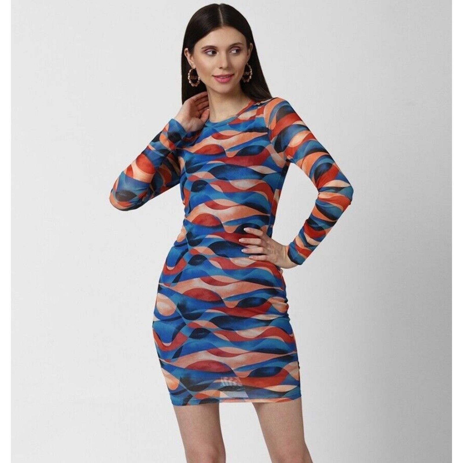 Forever 21 Forever 21 Small Abstract Print Blue Orange Mesh Mini Dress Size S / US 4 / IT 40 - 1 Thumbnail