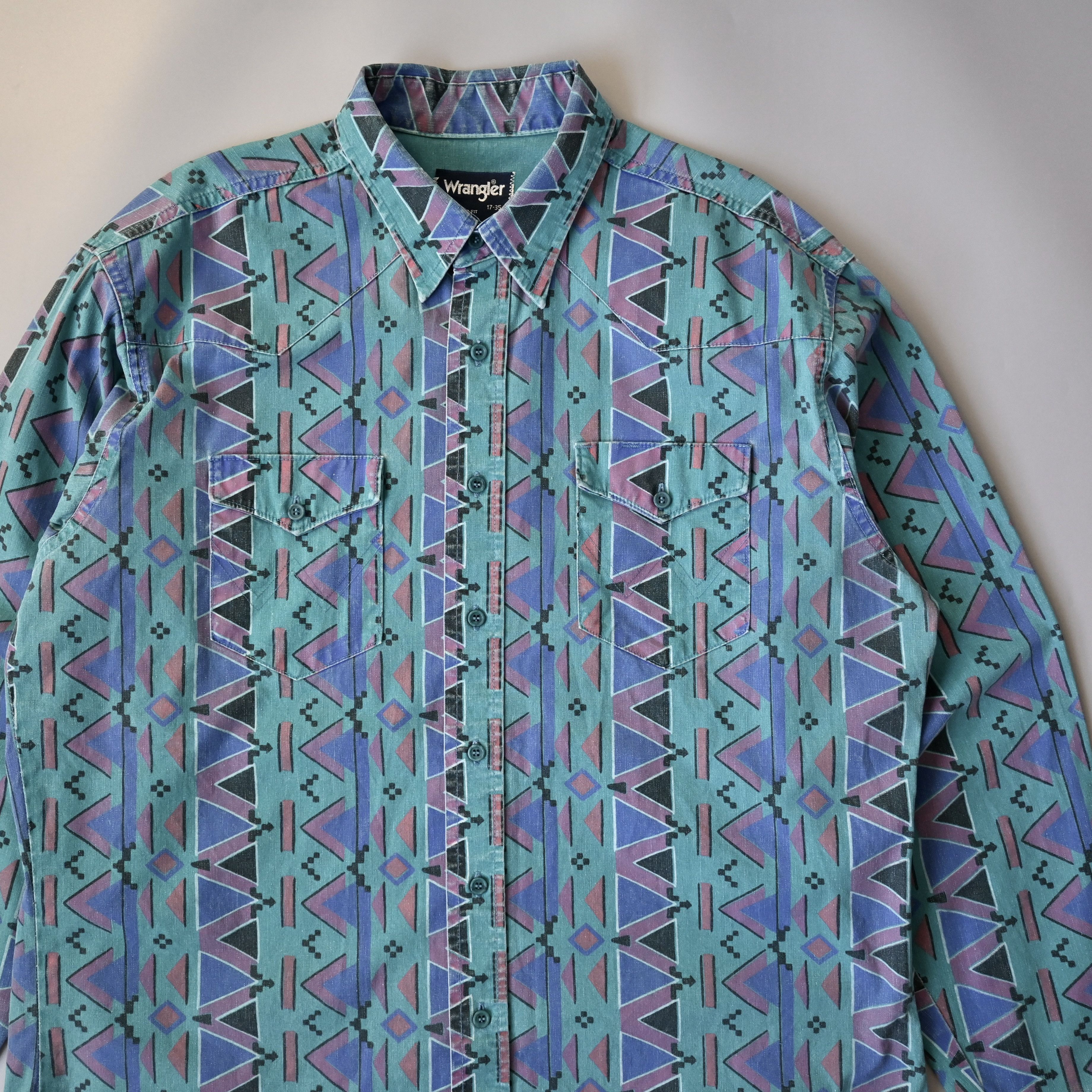 Vintage VTG 90s Wrangler Brushpopper shirt Aztec Navajo teal 17.5-35 Size US XL / EU 56 / 4 - 4 Thumbnail