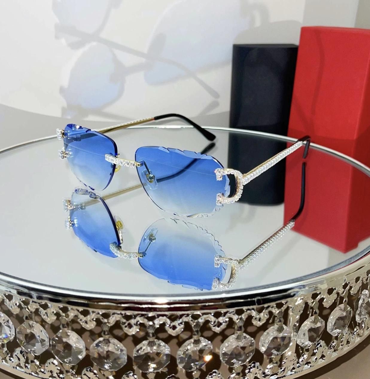 Other Luxury Rimless Round Cut Sunglasses Blue Lens Gold Frame Size ONE SIZE - 1 Thumbnail