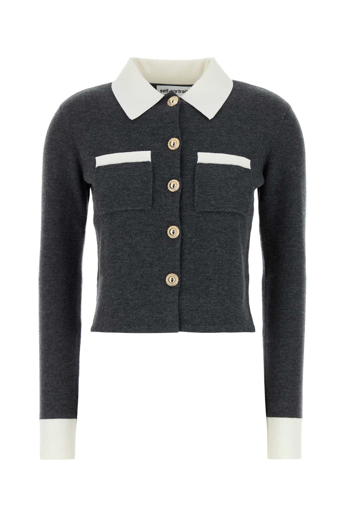 Self-Portrait Dark Grey Stretch Wool Blend Cardigan Size L / US 10 / IT 46 - 1 Thumbnail