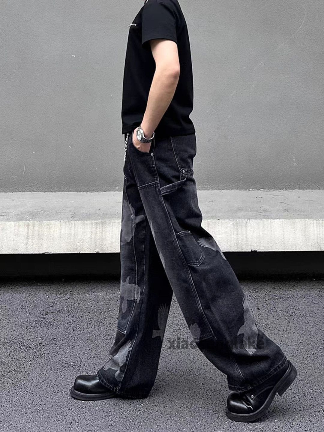 Jean Unisex washed faded carpenter pattern punk pants Size US 32 / EU 48 - 2 Thumbnail