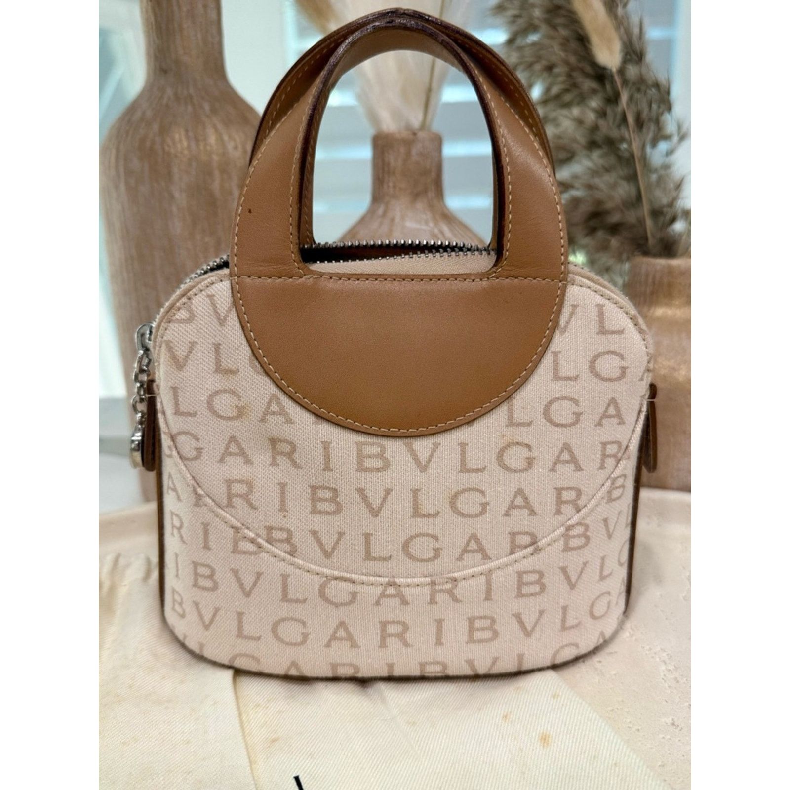 Bvlgari Bvlgari Logomania Mini Tote Bag - Beige Canvas & Tan Leather Size ONE SIZE - 2 Thumbnail