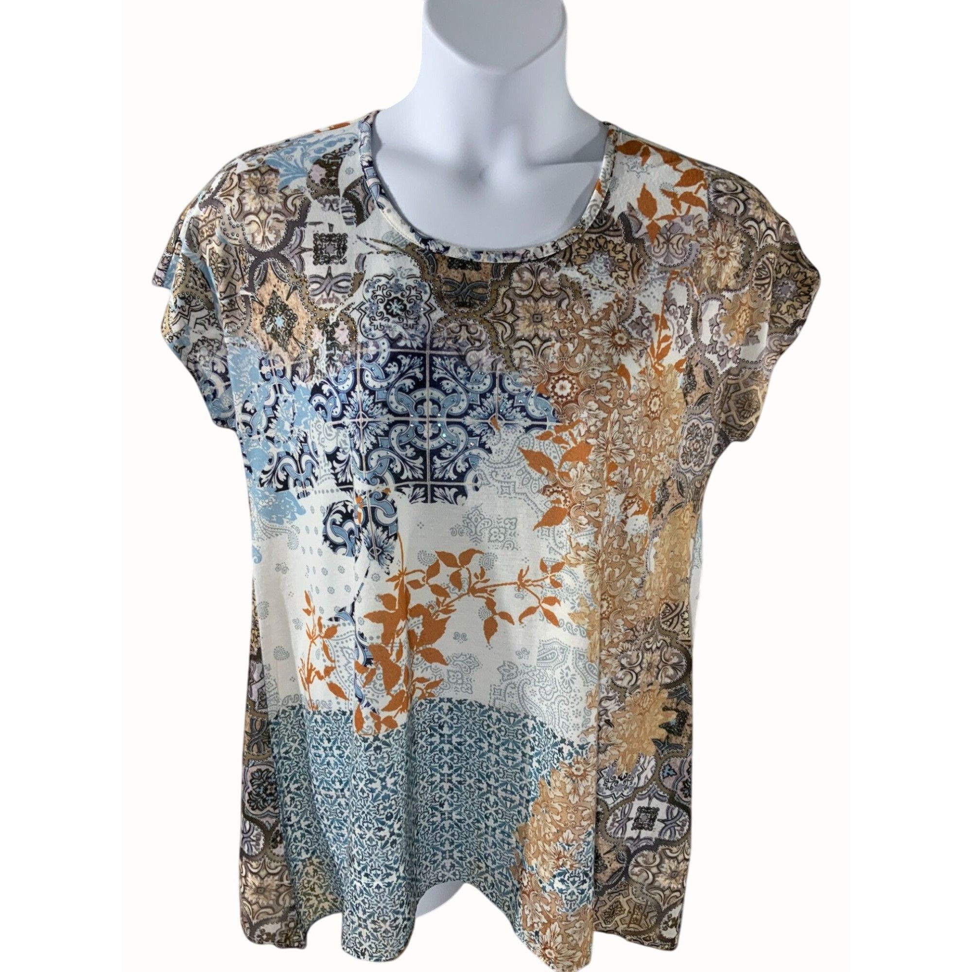 Chicos Chicos Zenergy Large Blouse Paisley Floral Short Sleeve Size L / US 10 / IT 46 - 1 Thumbnail