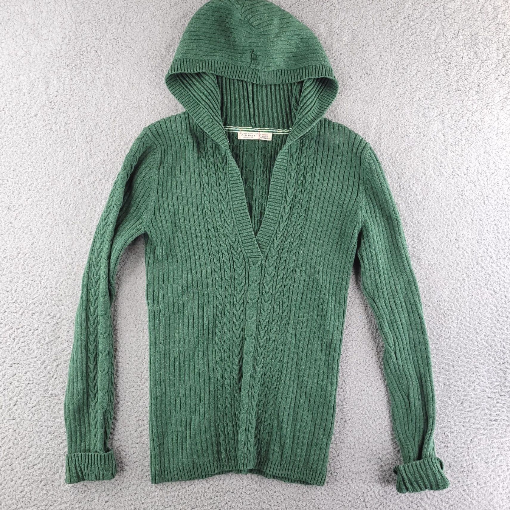 Old Navy Old Navy Sweater Womens Medium Green V-Neck Cable Knit Hooded Shirt Size M / US 6-8 / IT 42-44 - 2 Thumbnail