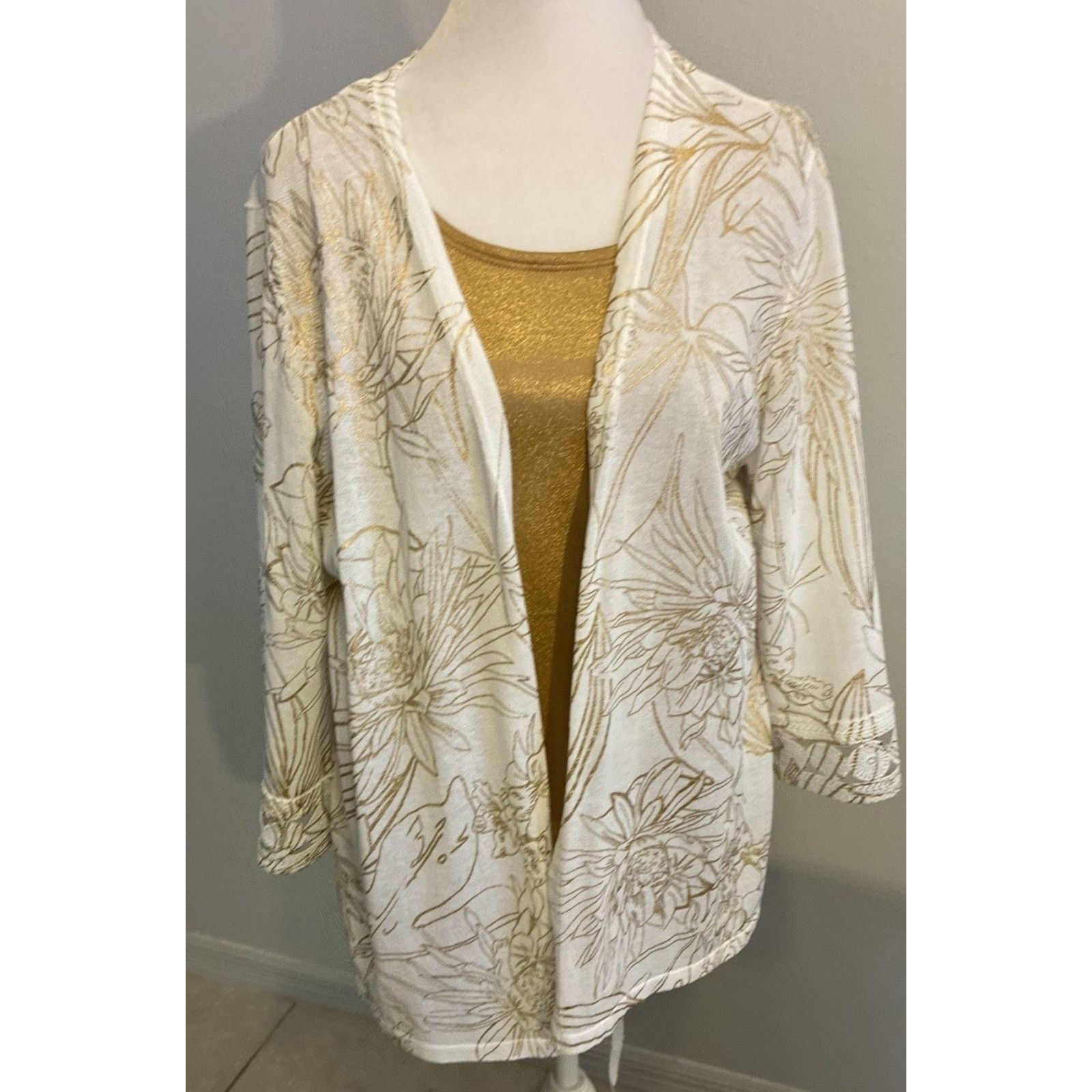 Chicos Chico's 2pc Set White Floral Cardigan Kimono Gold Metallic L Size XL / US 12-14 / IT 48-50 - 22 Thumbnail