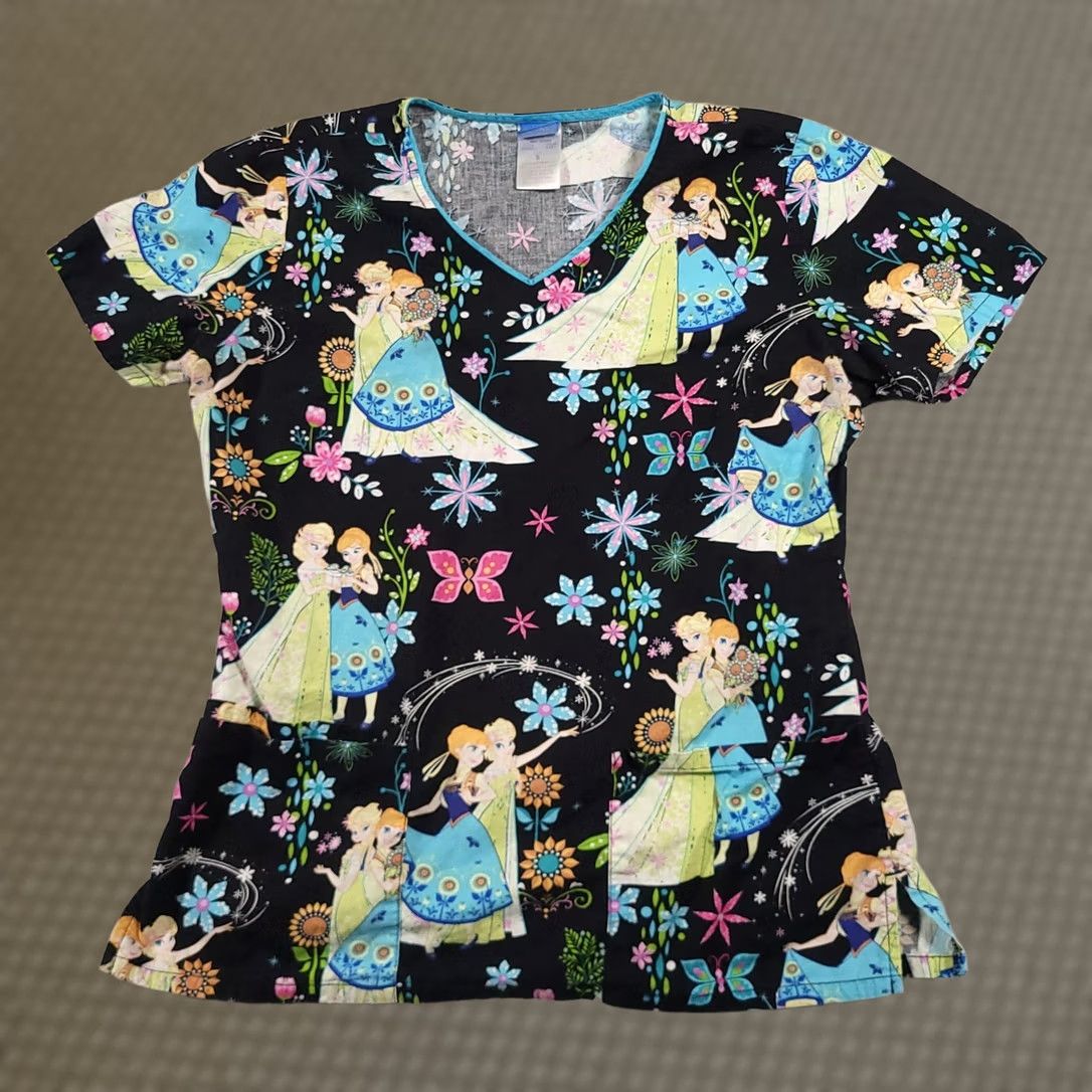 Disney Disney Frozen Scrub Top Womens Small Black Anna Elsa Floral Nurse Shirt V-Neck Size S / US 4 / IT 40 - 1 Thumbnail