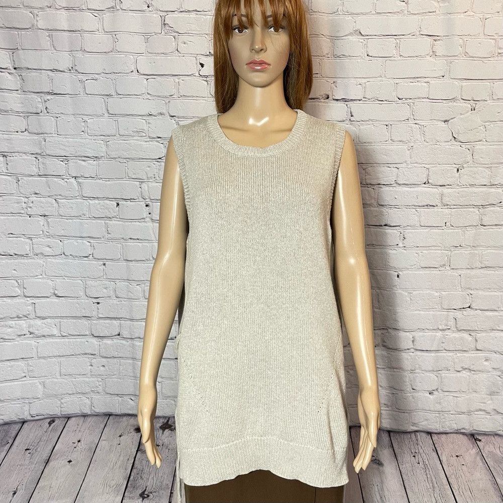 Ann Taylor Ann Taylor Side Tie Sleeveless Beige Cotton Blend Sweater T Size L / US 10 / IT 46 - 2 Thumbnail