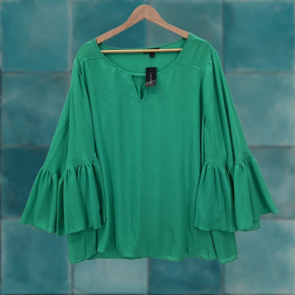 Vintage Lane Bryant Green Bell Sleeve Ruffle Tunic Shirt Womens 18/20 Flowy Keyhole Neck Size 3XL / US 20-22 - 1 Thumbnail