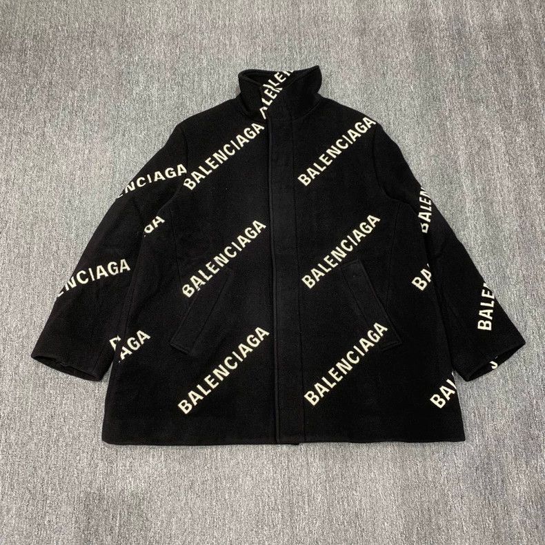 Balenciaga size 34 Black Bulletproof Print Wool Overcoat