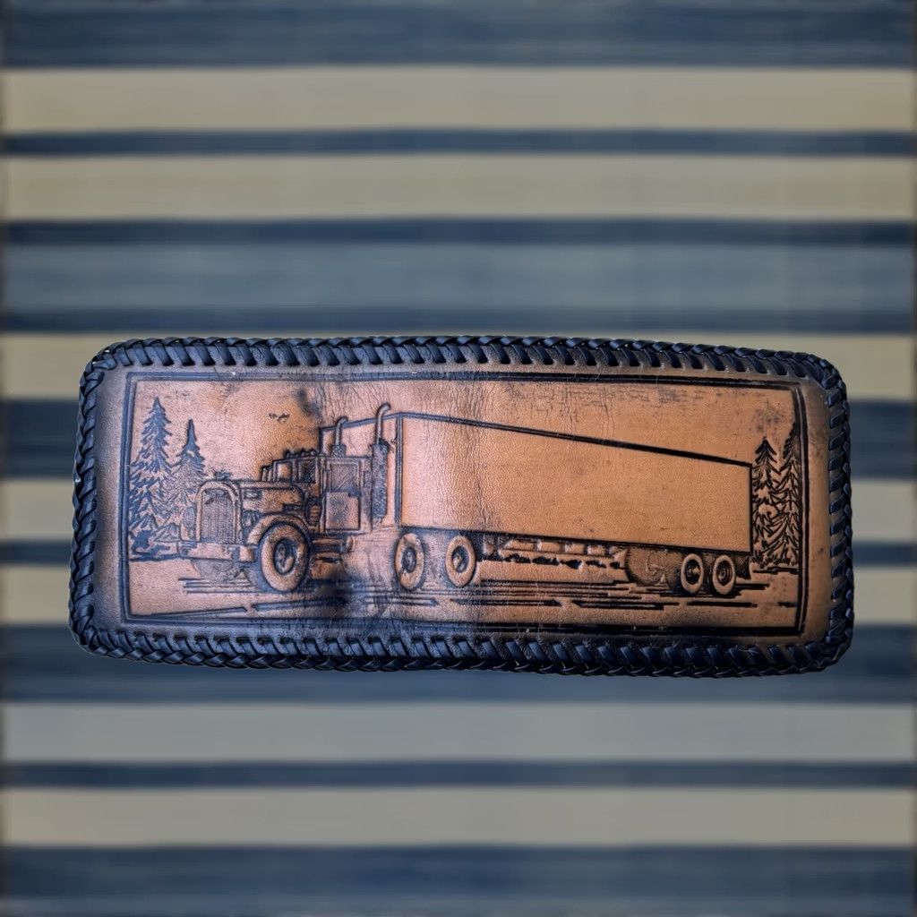 Vintage VINTAGE Hand Tooled Leather Wallet Bifold Trucker Design Whipstitch Big Rig Handmade Men's Brown Leather Wallet 8.5in Open 4in Folded Size ONE SIZE - 1 Thumbnail