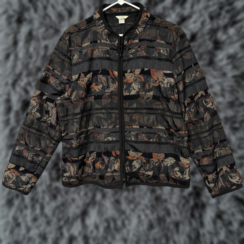 Vintage Christopher & Banks Jacket XL Full Zip Black Paisley Floral Jacquard Lined Unlined Lightweight Womens Casual Fall Spring Size XL / US 12-14 / IT 48-50 - 1 Thumbnail