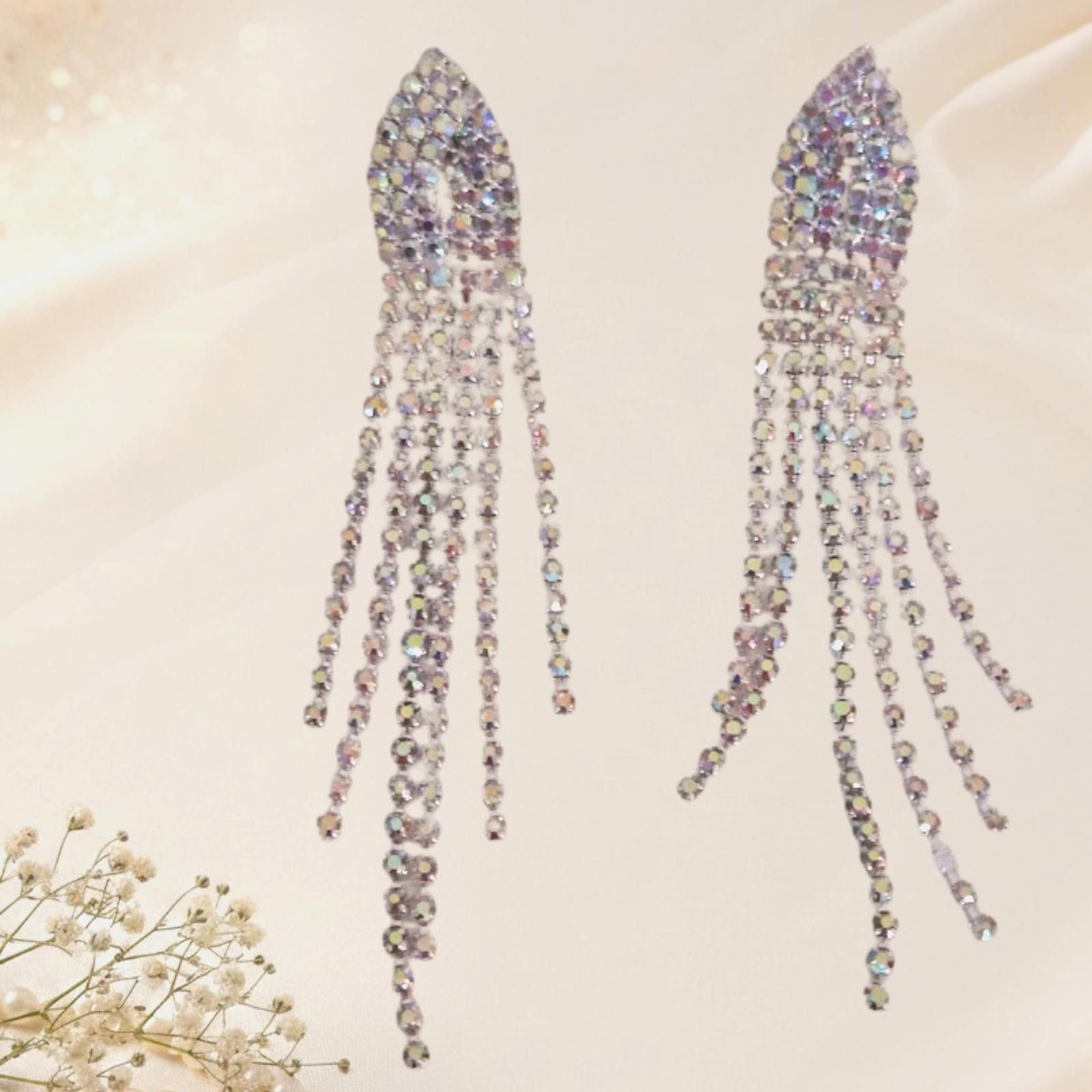 The Unbranded Brand 3.5" Long Rhinestone Earrings Aurora Borealis Pierced Dangle Size ONE SIZE - 1 Thumbnail