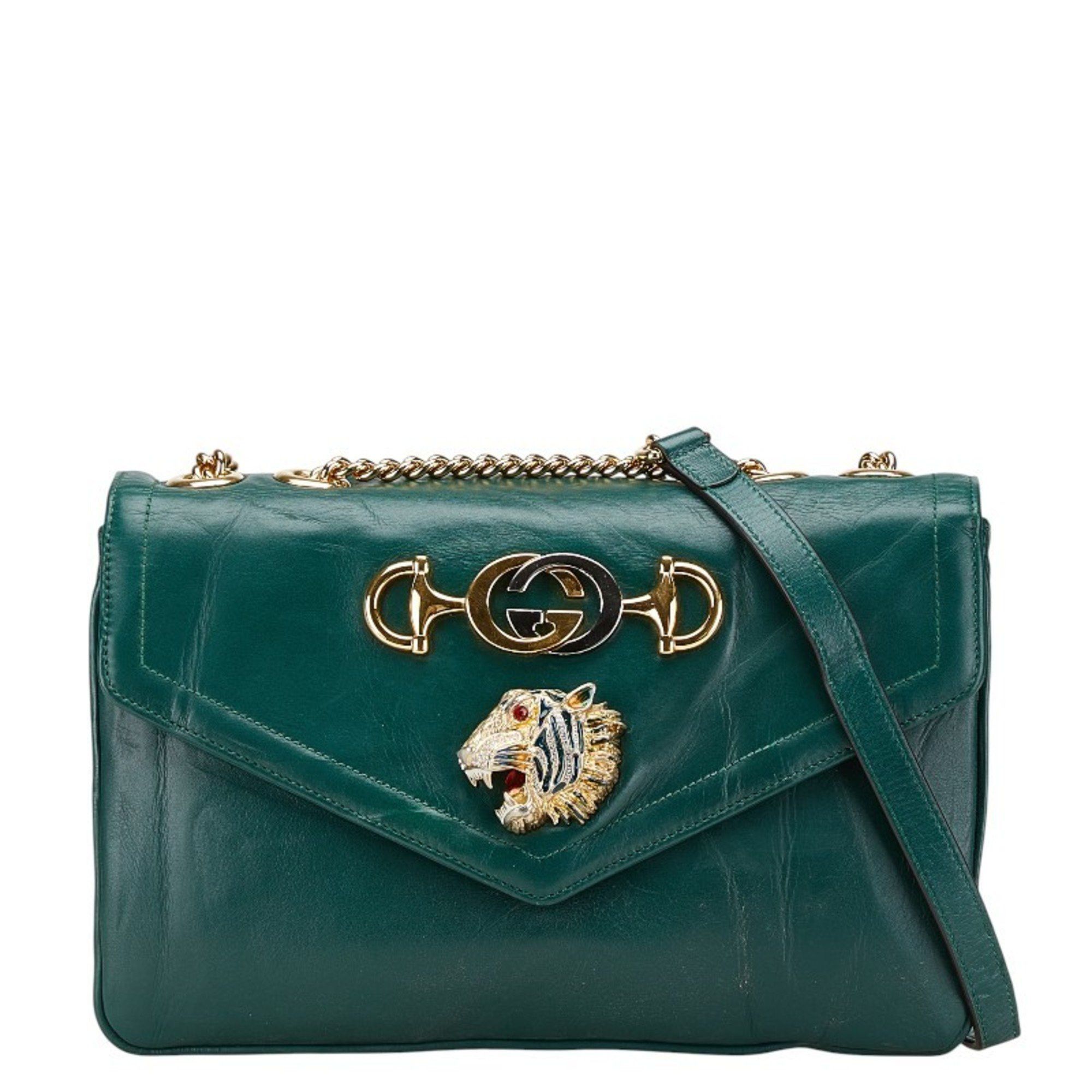 Gucci Rajah Tiger Chain Shoulder Bag 537241 Green Leather Women's Gucci