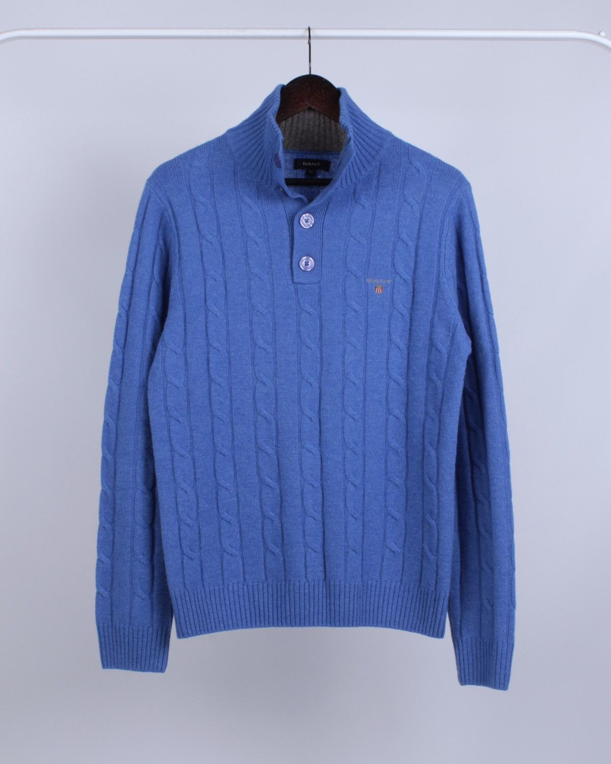 Gant GANT Lambs Wool Cable Knit Blue Button Sweater High Neck Size US M / EU 48-50 / 2 - 1 Thumbnail
