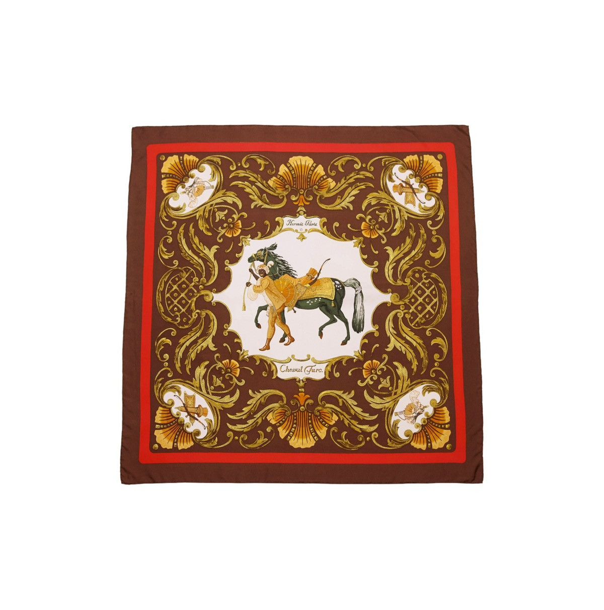 image of Hermes Carre 90 "cheval Turc" Silk Scarf Shawl in Brown/Red, Women's