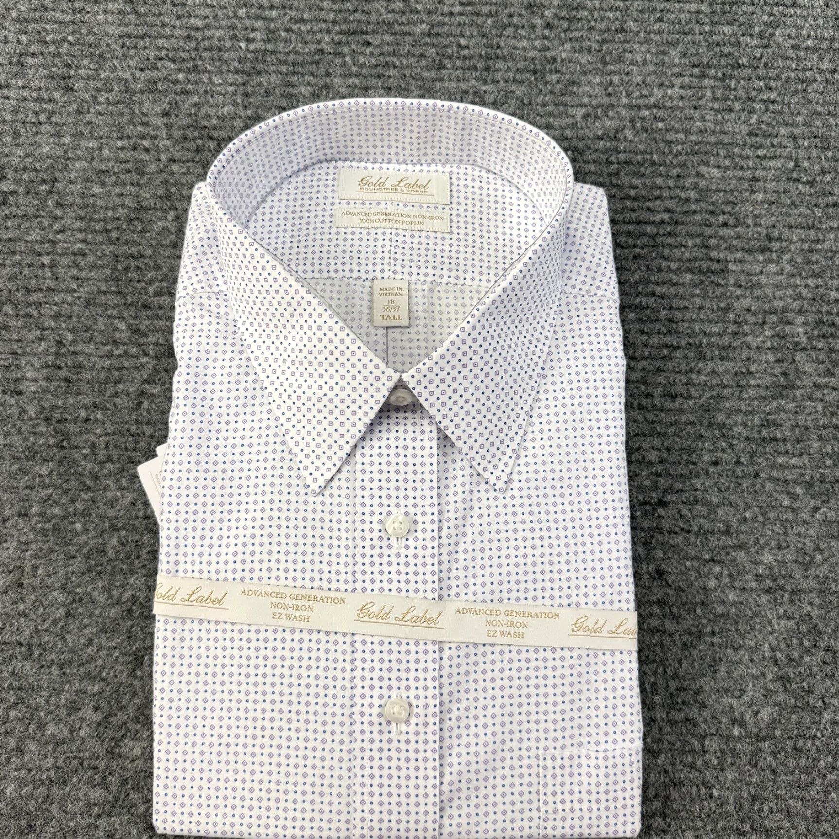 Roundtree & Yorke Gold Label Dress Shirt Mens 18 36/37 Tall Purple White  Geometric Long